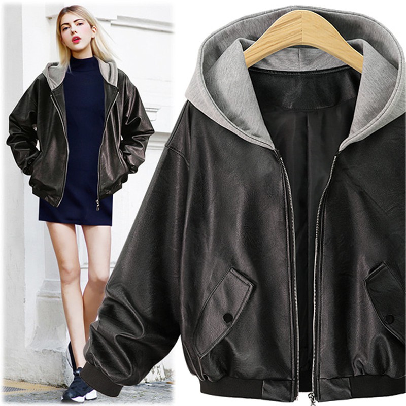 womens leather jacket with sweatshirt hood