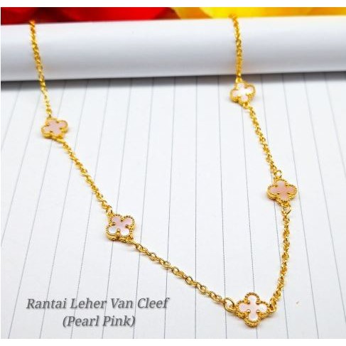 Emas 916 Rantai Leher Van Cleef Pearl Pink