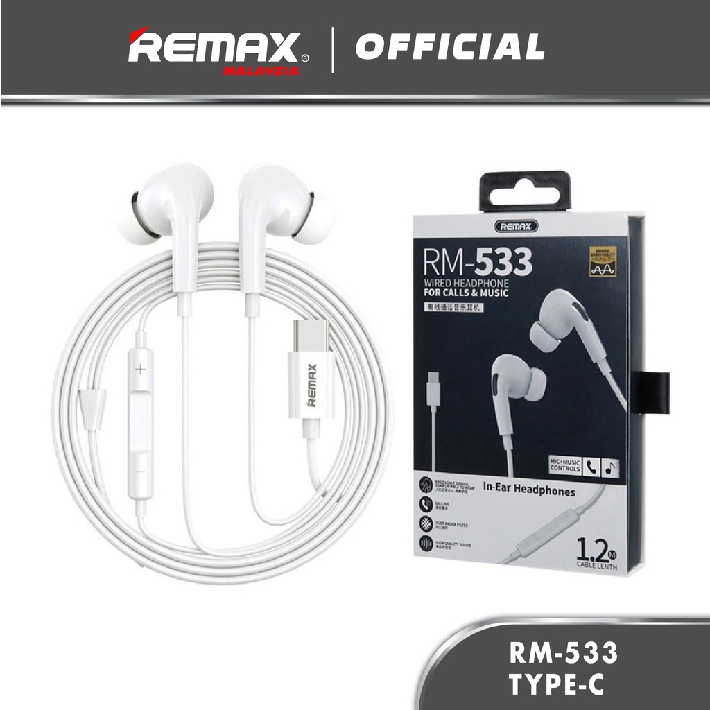 Remax RM-533 Air Plus Pro Type-C Wired Earphones For Calls & Music Bass Stereo In-Ear Headphones