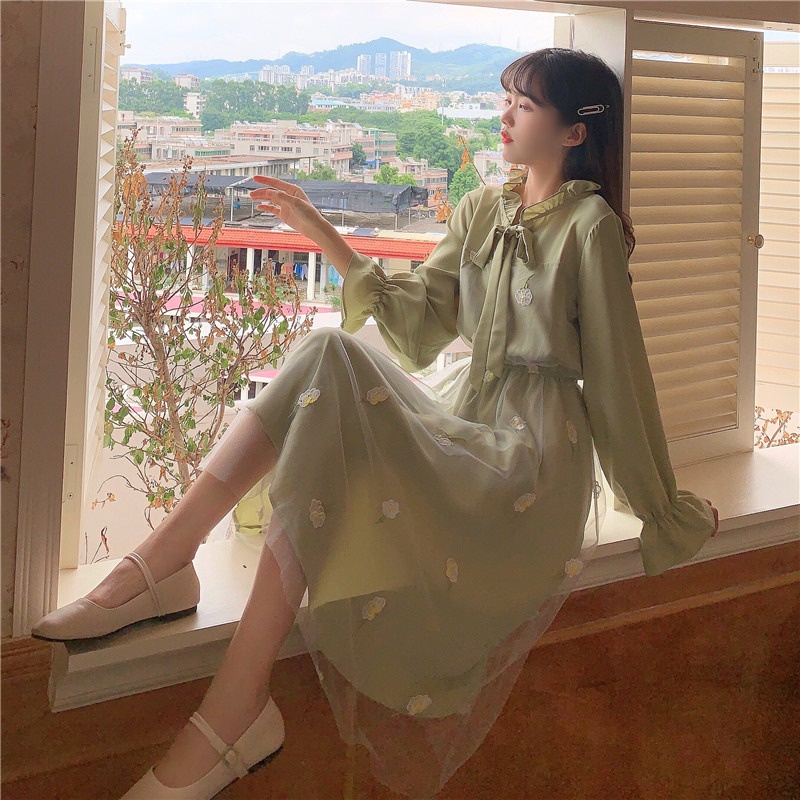 French Sweet Chiffon Dress 2022 New Fairy Embroidered Mesh Midi Skirt
