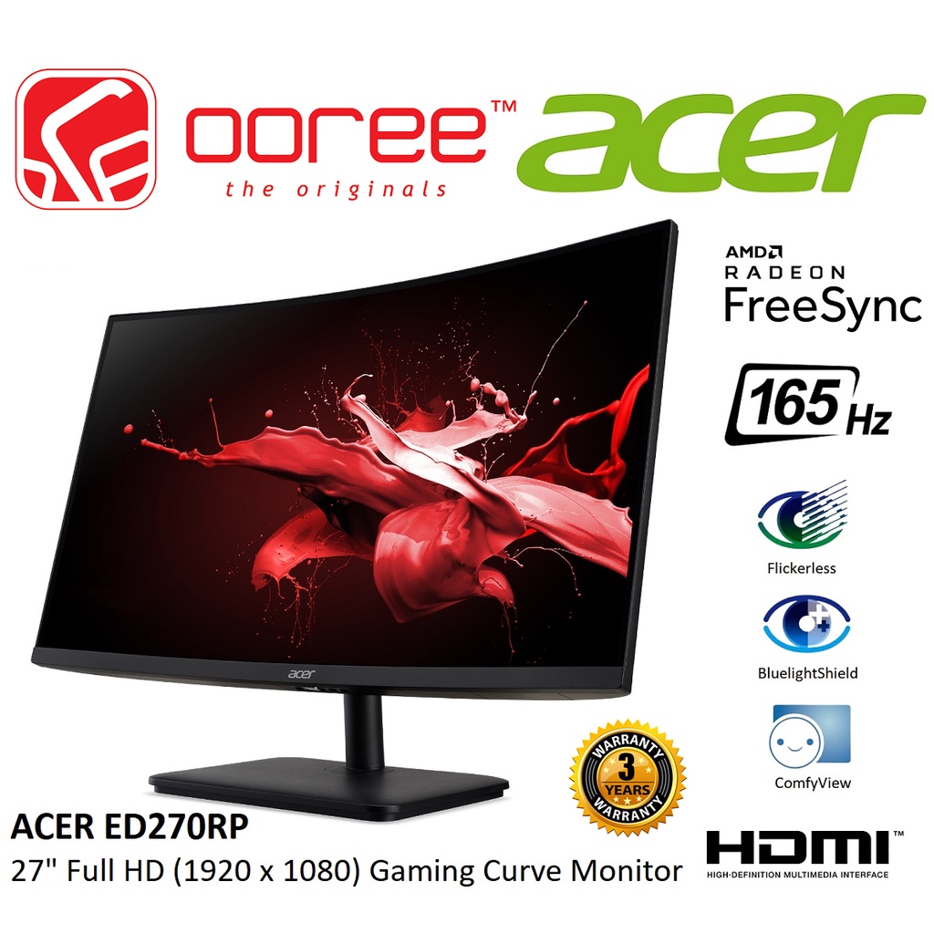 Acer Ed270rp 27 Full Hd 19x1080 165hz Led Va Panel Curved Gaming Lcd Monitor 5ms Input Display Port Hdmi Vesa Shopee Malaysia