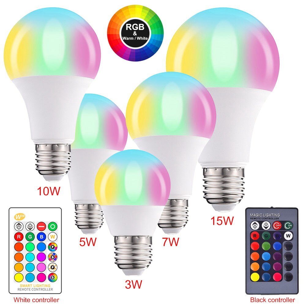 RGB LED Light Bulb Dimmable 3W 5W 10W 15W E27 RGBW Lamp Bulbs Remote Controller 