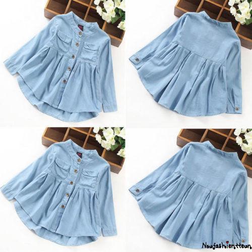 NEW Toddler Kid Baby Girls Denim Ruched Long Sleeve T-Shirt Tops Blouse Clothing