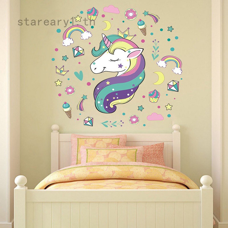 Cute Cartoon Unicorn Horse Heart Stars Wall Sticker Wallpaper Home Room  Decor Decal Diy | Shopee Malaysia