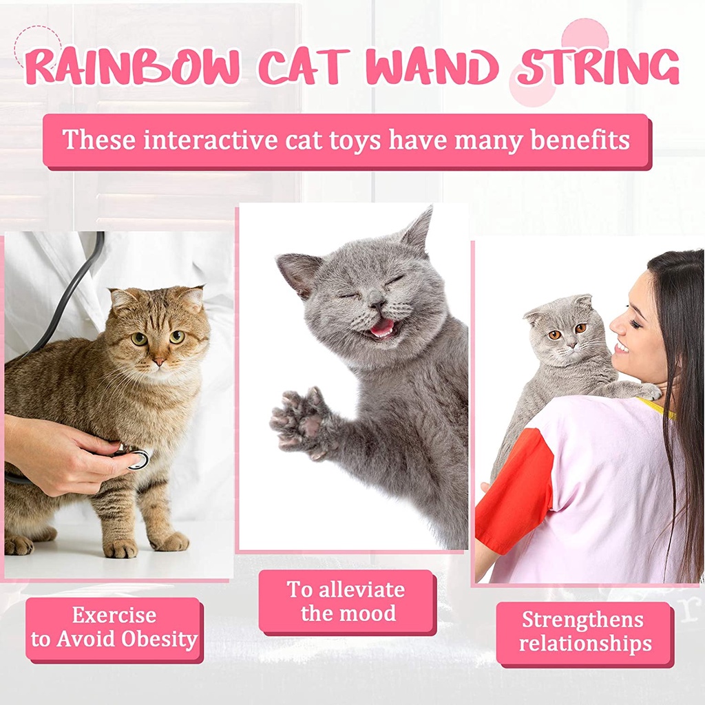 Versatile Purpose Double-Sided Rainbow Cat Wand String / Interactive Stick Toy Ribbon Charm/ Colorful Fabric Durable ...