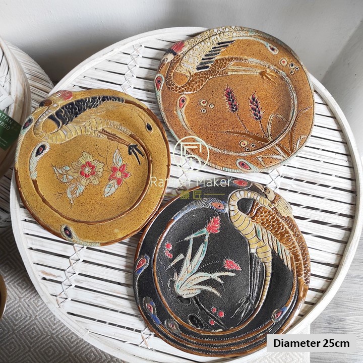 Artist Ceramic Plate Peacock Bird Creature Handmade Handcrafted Kitchenware Tableware Rattan Maker