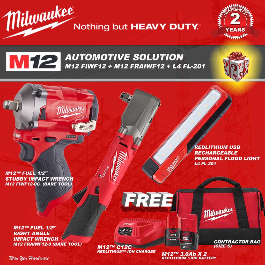 Milwaukee Automotive Solution C/W M12 FRAIWF1 Right Angle Impact Wrench