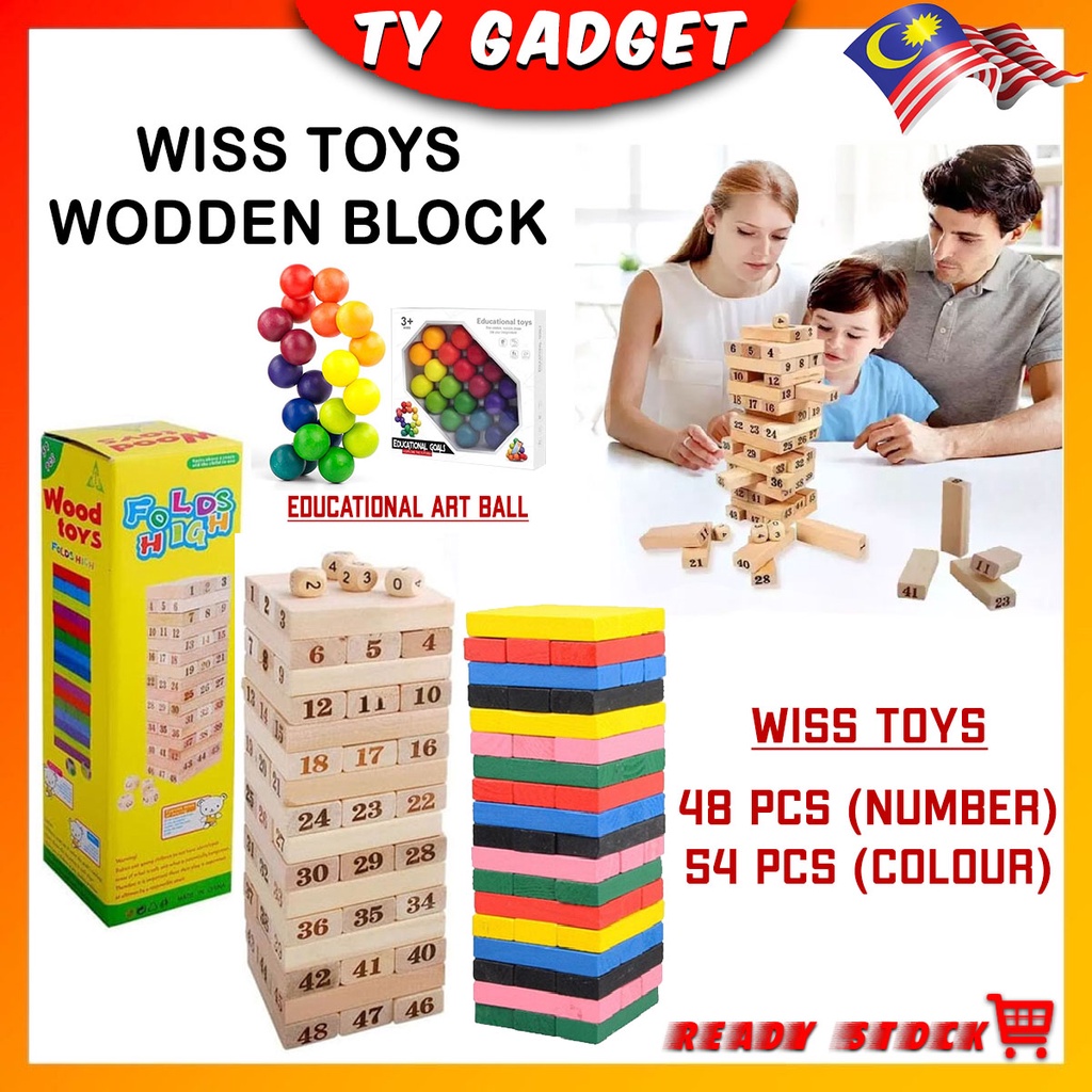 54Pcs Wooden number Stacking Block Size Besar Wooden Block Jenga Stacko Stacking Games Tower
