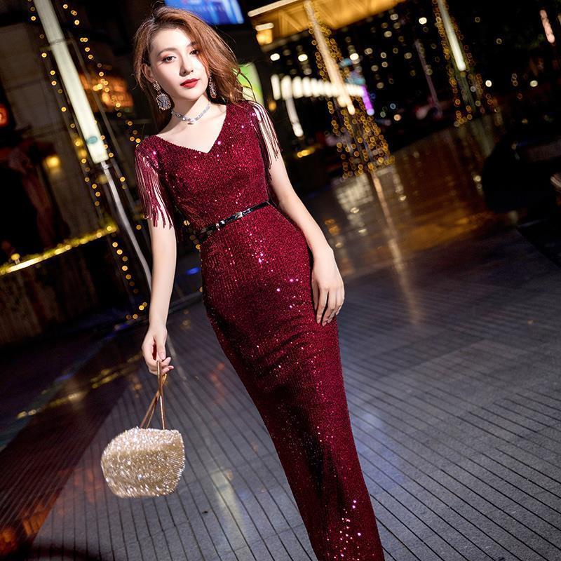 Evening Dress Women's Noble Elegant Wine Red Long Banquet Fishtail Sexy Bridal Toast Dress Annual Meeting Host Dress