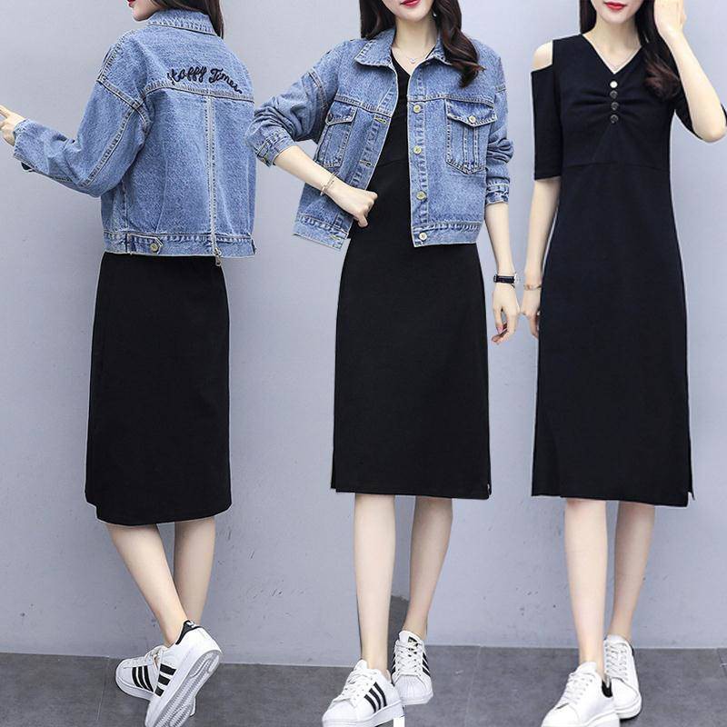 One Piece Suit Two Piece Fashion Plus Size Women S Fat Sister Covered Belly Denim Jacket Dress Shopee Malaysia