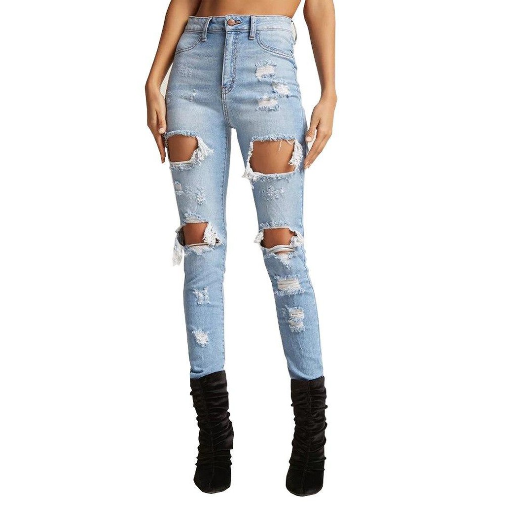 New Womens Ladies Extreme Ripped Distressed Hole Skinny High Waisted Denim Jeans 
