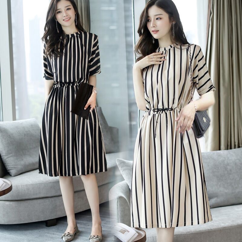 大码连衣裙 dress for women summer new Women dress causal baju dress woman stripe dress ladies dress 连身裙