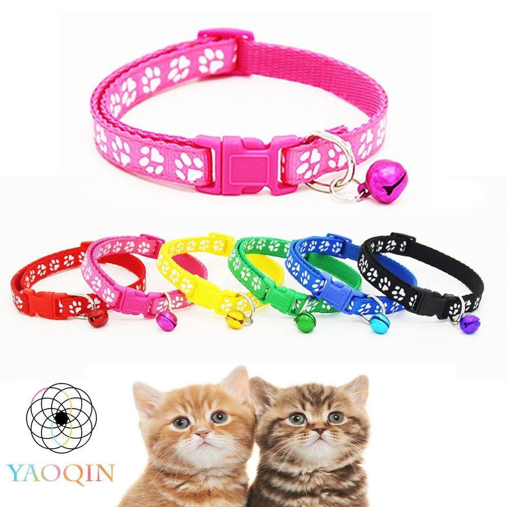 Nylon Fabric Cat Dog Pet Collar With Bell Cute Footprint Pattern Kitten Puppy hi