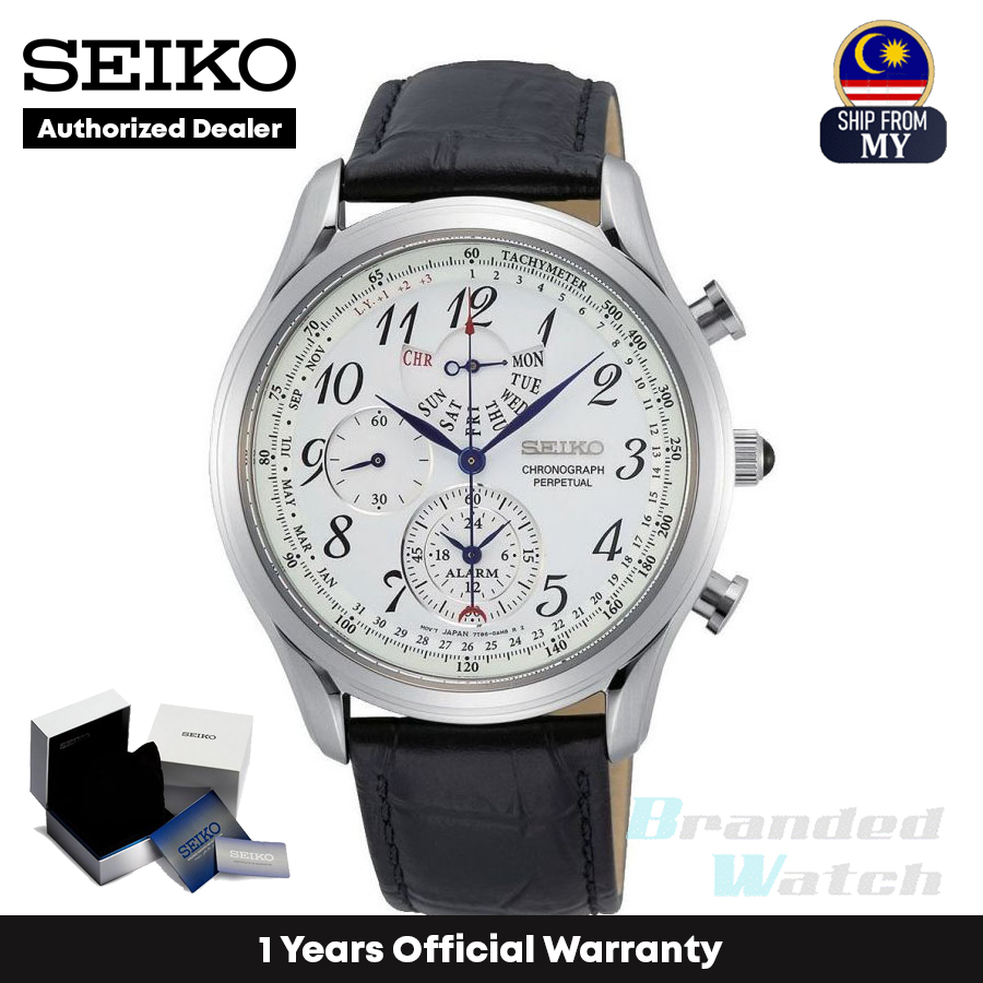 Official Warranty] Seiko SPC253P1 Men's Alarm Chronograph Perpetual Calendar  White Dial Black Leather Strap Watch | Shopee Malaysia