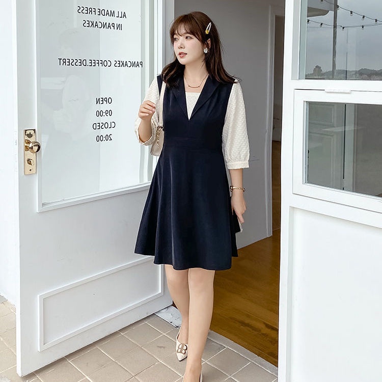 [READY STOCK] L-4XL Plus Size Women's V-neck Suit Lapel Fashion Fake Two Pieces of Light Luxury Thin Meat Covering Dress