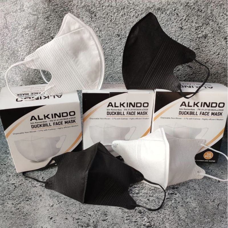 ALKINDO 3D/6D MASK 4PLY DUCKBILL FACE MASK BLACK WHITE EARLOOP HEADLOOP ...