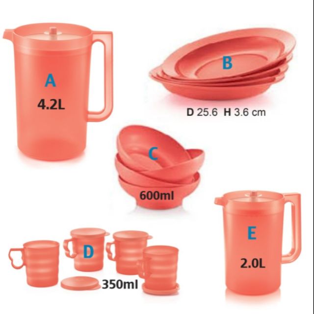 TUPPERWARE Coral Blooms Giant Pitcher 4.2L/2.0L/Mugs With Seal 350ml/ open house plate