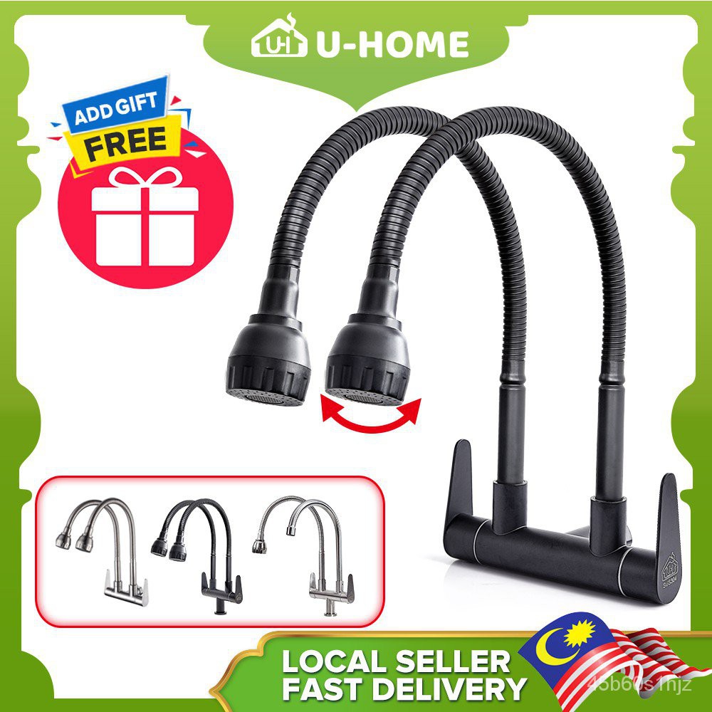 【READY STOCK)】U-HOME Kitchen Sink Faucet Double Tap Stainless Steel SUS 304 360° Rotating Hose Flexible Shower Wall/Pill