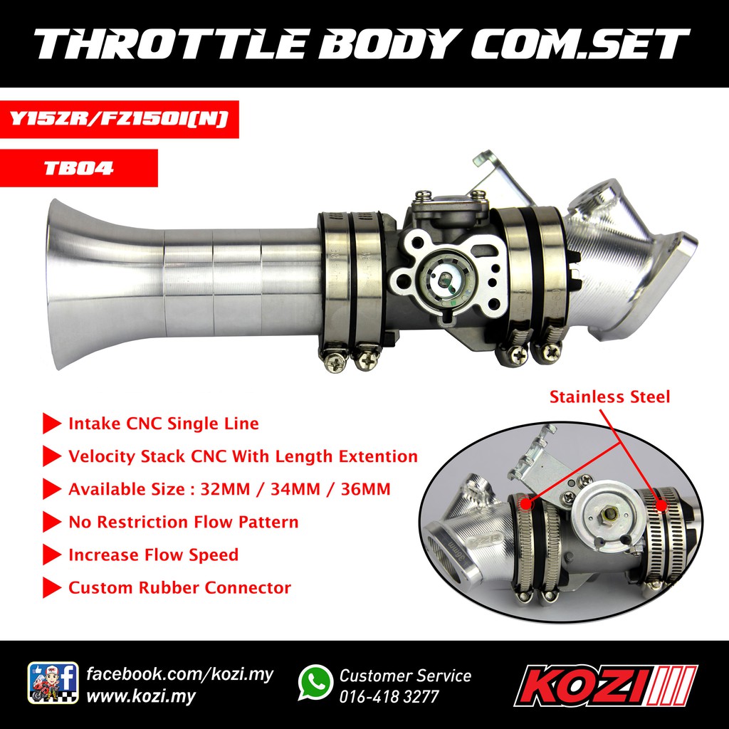 Kzr Kozi Throttle Body Complete Set Y15zr Fz150i 32mm 34mm 36mm Shopee Malaysia