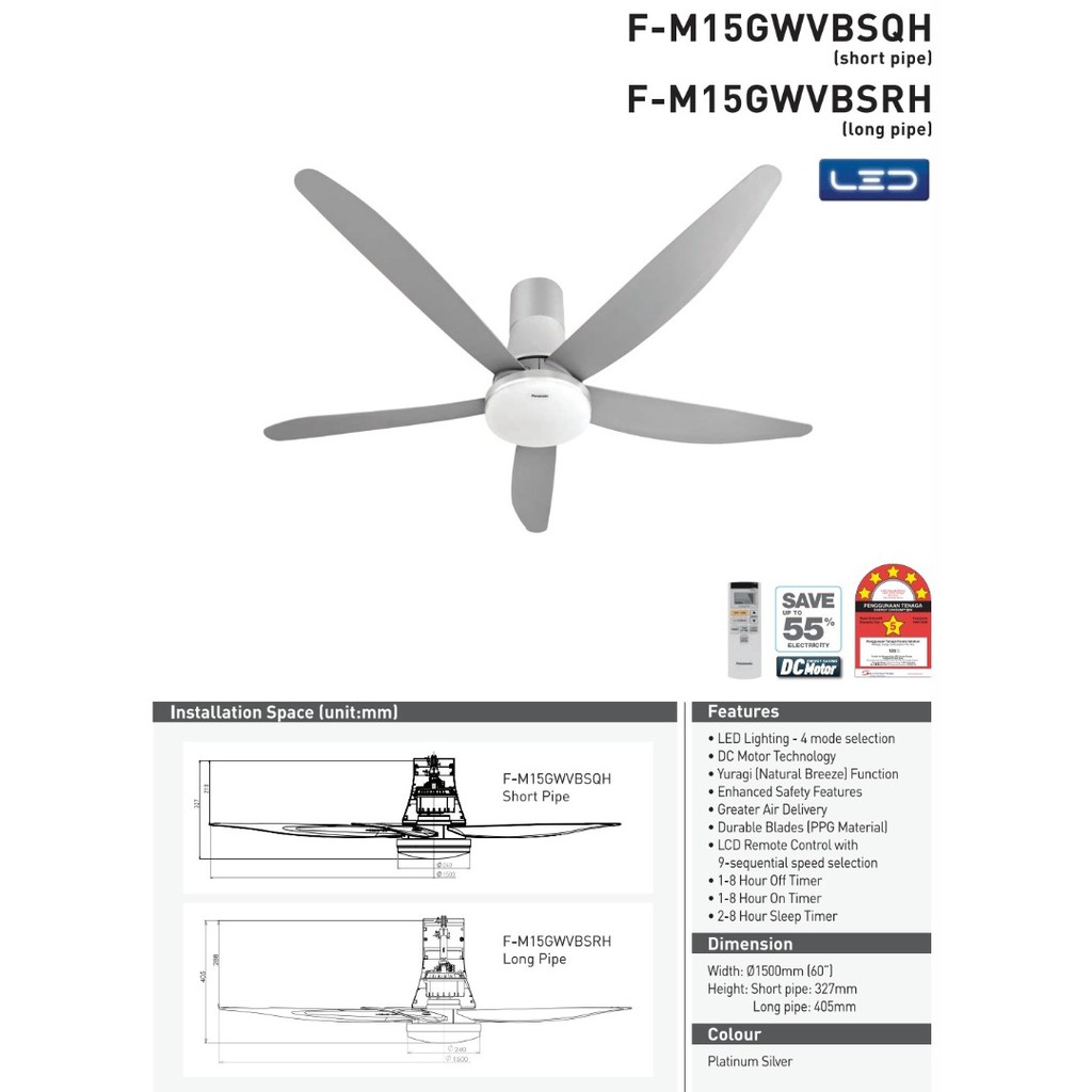 Panasonic Ceiling Fan LED 5-Blade 60" 2-in-1 Ceiling Fan F ...