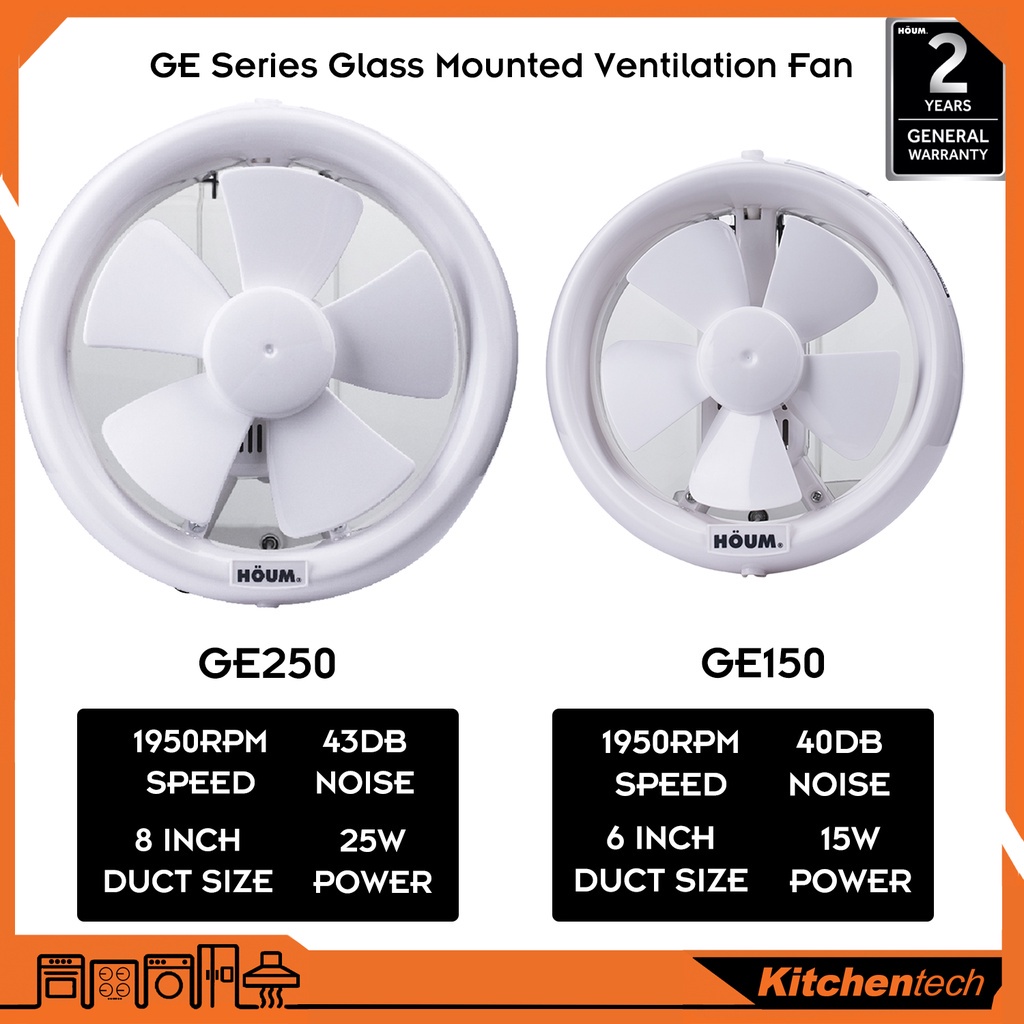 Houm GE150 6inch / GE250 8inch GE Series Glass Mounted Ventilation Fan Bedroom Living Room