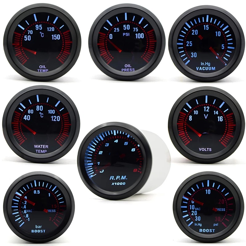 2" 52mm Smoke lens Boost gauge bar psi/Vacuum/Water temp/Oil temp/Oil pressure/Voltmeter/Tachometer RPM Car Gauge