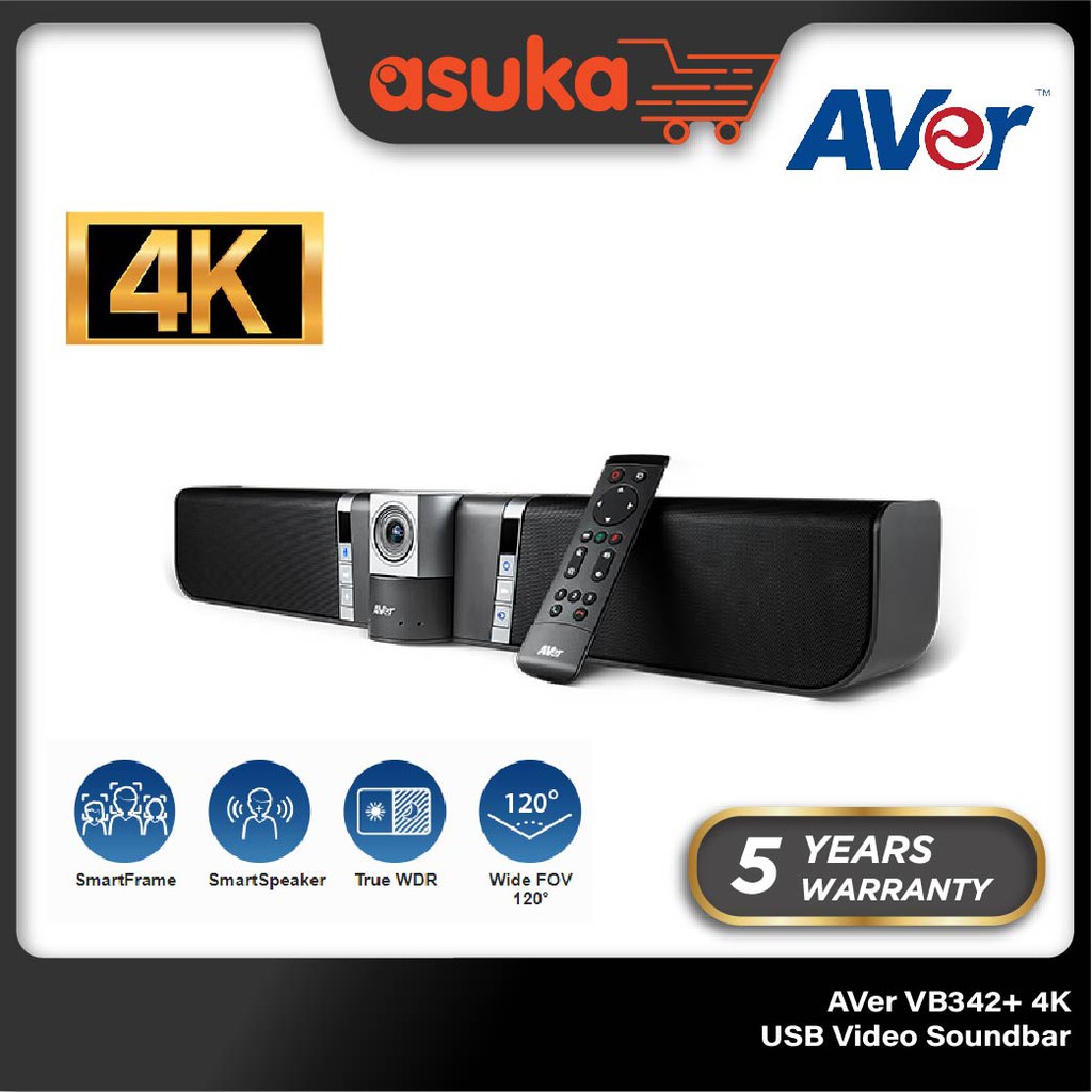 AVer VB342+ 4K USB Video Soundbar (Smartframe, Audio Tracking, True WDR, FOV120 Degree)