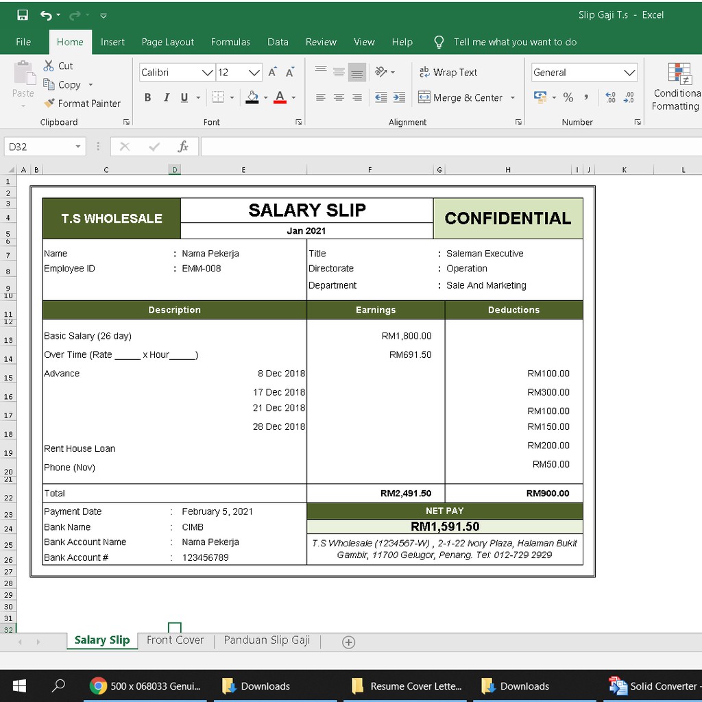 Contoh Excel Gaji Karyawan Membuat Slip Gaji Menggunakan Rumus Excel 4542