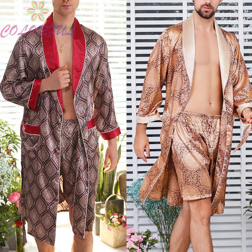 Details about  / Mens Satin Silk Pajamas Kimono Bathrobe Robe Dressing Summer Gown Pjs Loungewear