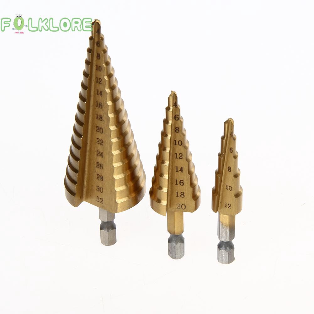 3PCS HSS 4241 Steel Step Cone Titanium Coated Drill Bit Hole Cutter Hex Shank
