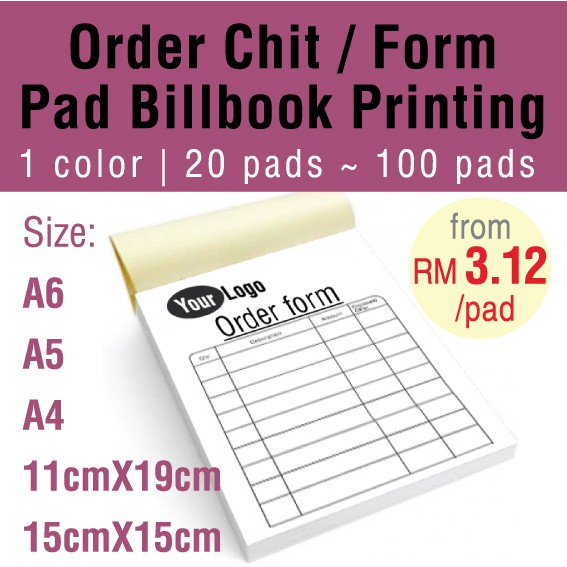 A6, A5, A4, 15cm X 15cm Normal Paper Custom made Bill Book Printing Restaurant Order chit Sheet form BUKU RESIT Billbook