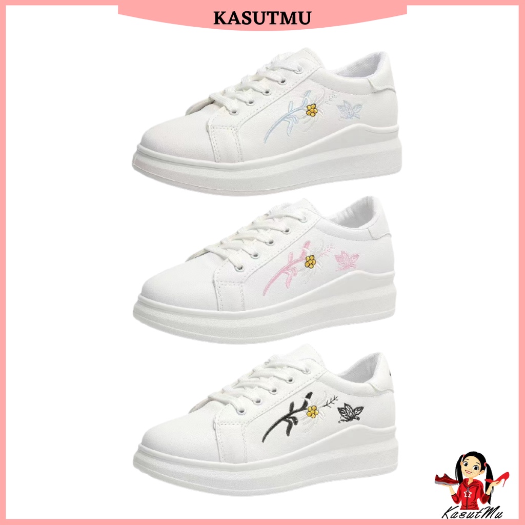 Kasutmu Womens Korean Style Lace Up Straps Sports Sneakers Embroidered Flower Bunga Kasut