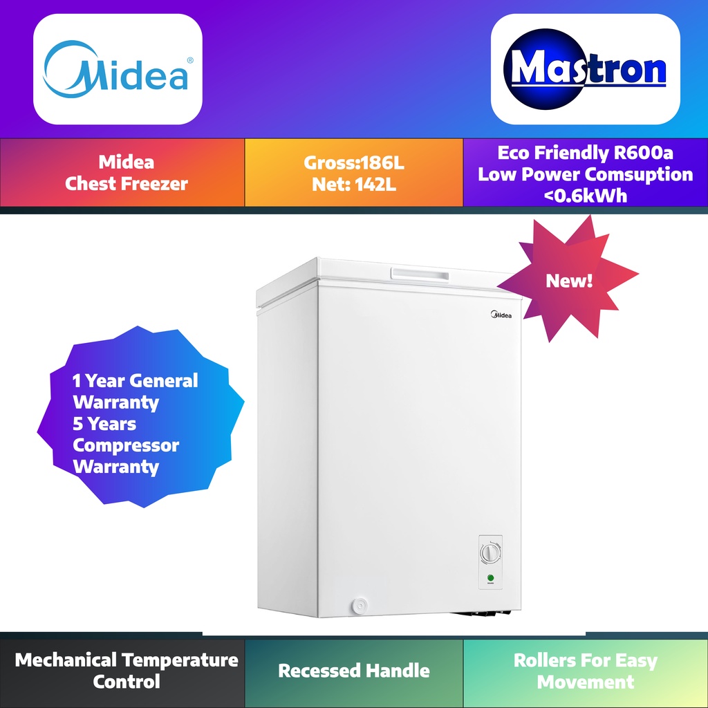 [SAVE 4.0 RM200] Midea Chest Freezer 186L | Peti Beku Midea | Gross: 186L Net: 142L | MD-RC207FZB01| Freezer Midea