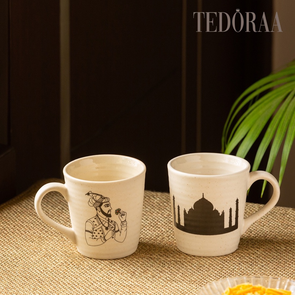 [TEDORAA] EXCLUSIVE LANE 'Daawat-e-Taj' Handcrafted Ceramic Tea & Coffee Mugs (Set of 2, 260 ml, Microwave Safe)