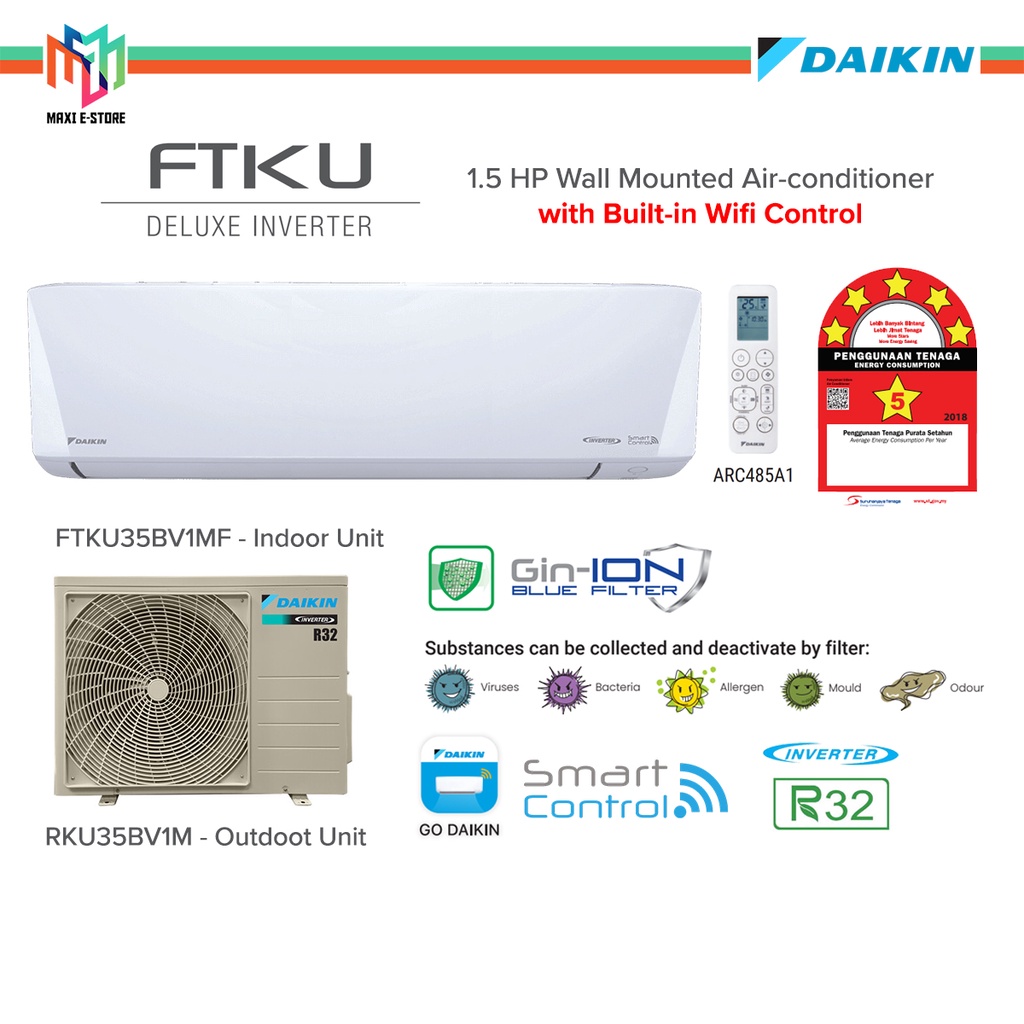 Daikin FTKU35BV1MF 1.5 HP Wall Mounted Deluxe Inverter Air-conditioner with Built-in Wifi Control & 3D Airflow