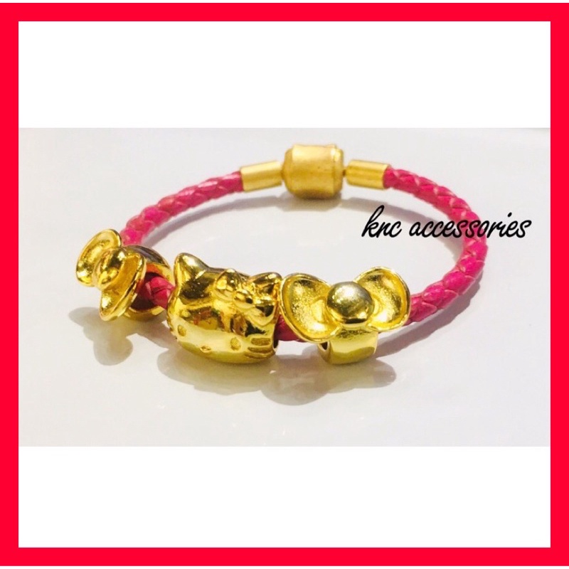 Emas Korea 24K Gold Plated Hello Kitty Cat Charms With Pink Leather  Bracelet | Shopee Malaysia