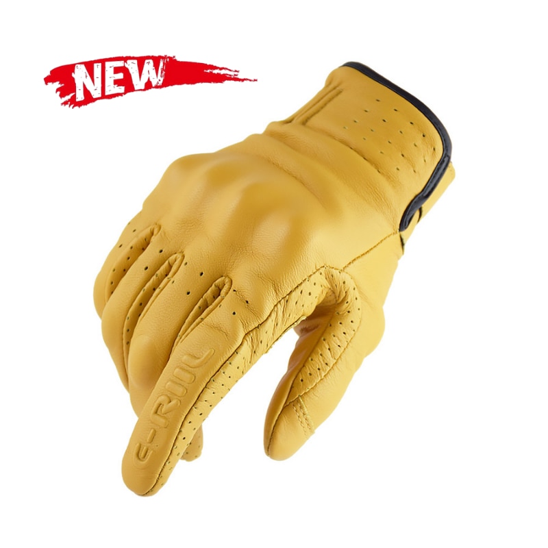 Genuine Leather Retro Motorcycle Gloves Men Touch Screen Motocross Gloves Full Finger Motorbike Vintage Biker Moto Gloves Yellow ERG-02