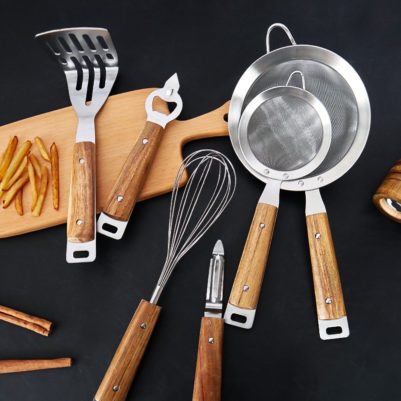 [READY STOCK] Acacia Wood Handle Stainless Steel Oil Strainer Shopee