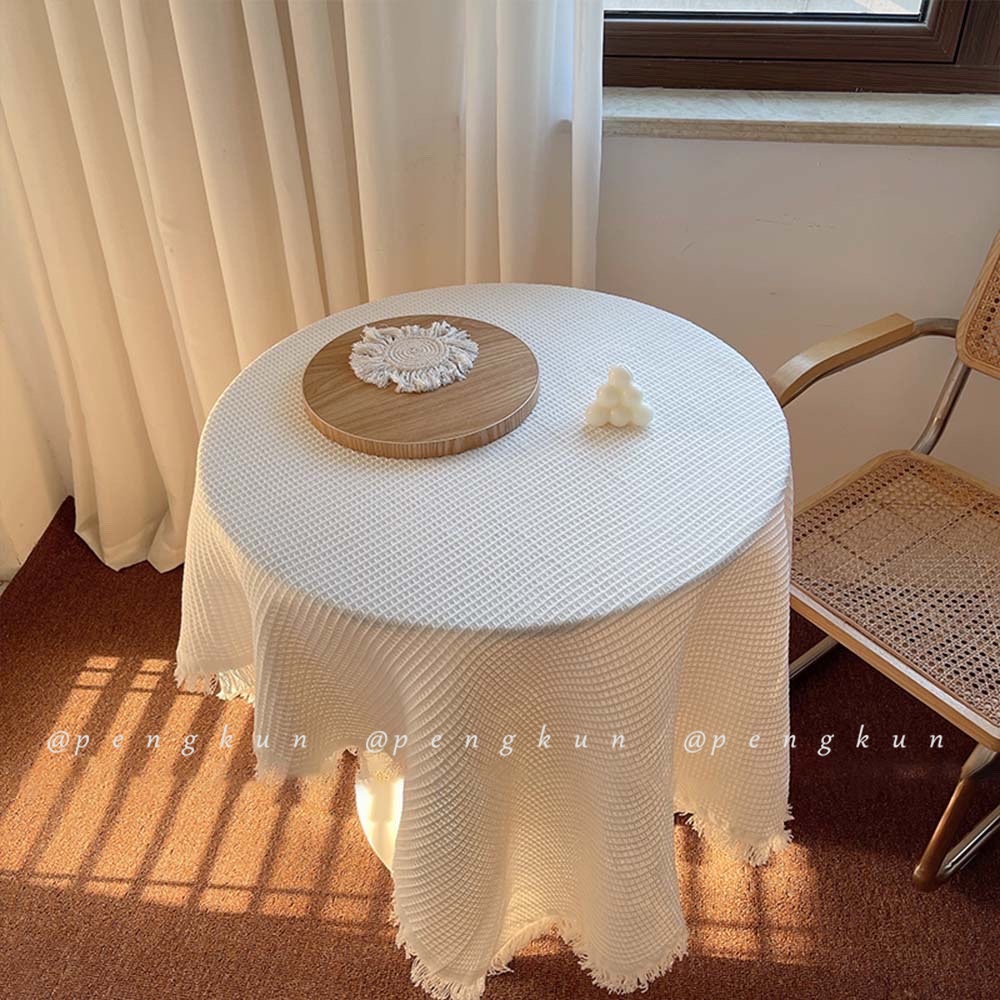 Japanese Style Cotton Linen Tablecloth Solid Color Fabric Coffee Table Mat ins Pastoral Background Cloth Decoration Cafe Soft Waffle Tassel Edge French White