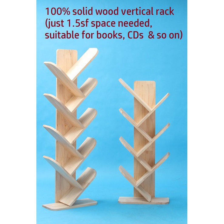 Solid Wood Vertical Tree Shelve Diy Wooden Bookcase Portable Cd