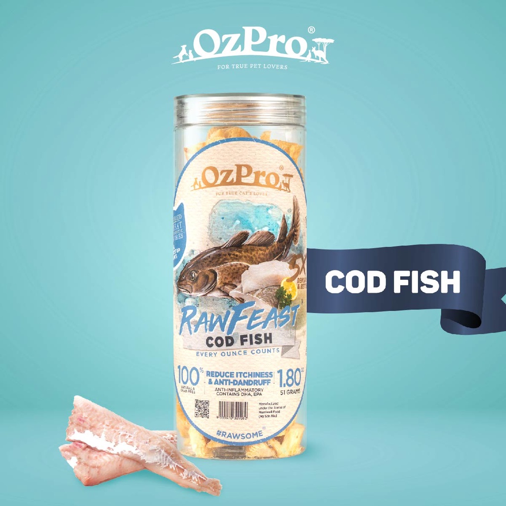 OzPro RawFeast Freeze Dried Raw Meat Premium Cat/Kitten Treats Cod