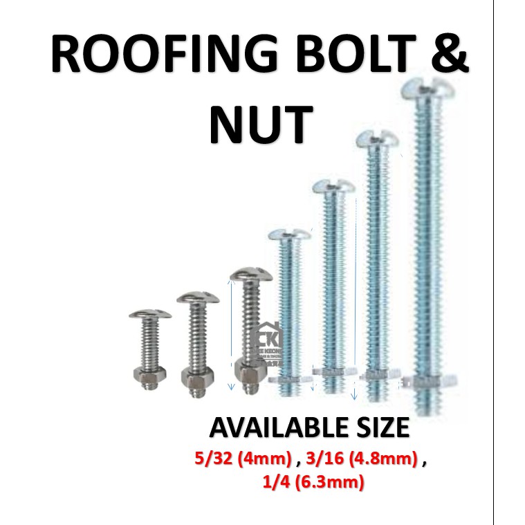 MUSHROOM HEAD ROOFING BOLT AND NUT / SKRU NUT SIZE 5/32" 4mm 3/16" 4.8mm 1/4" 6.3mm Shopee