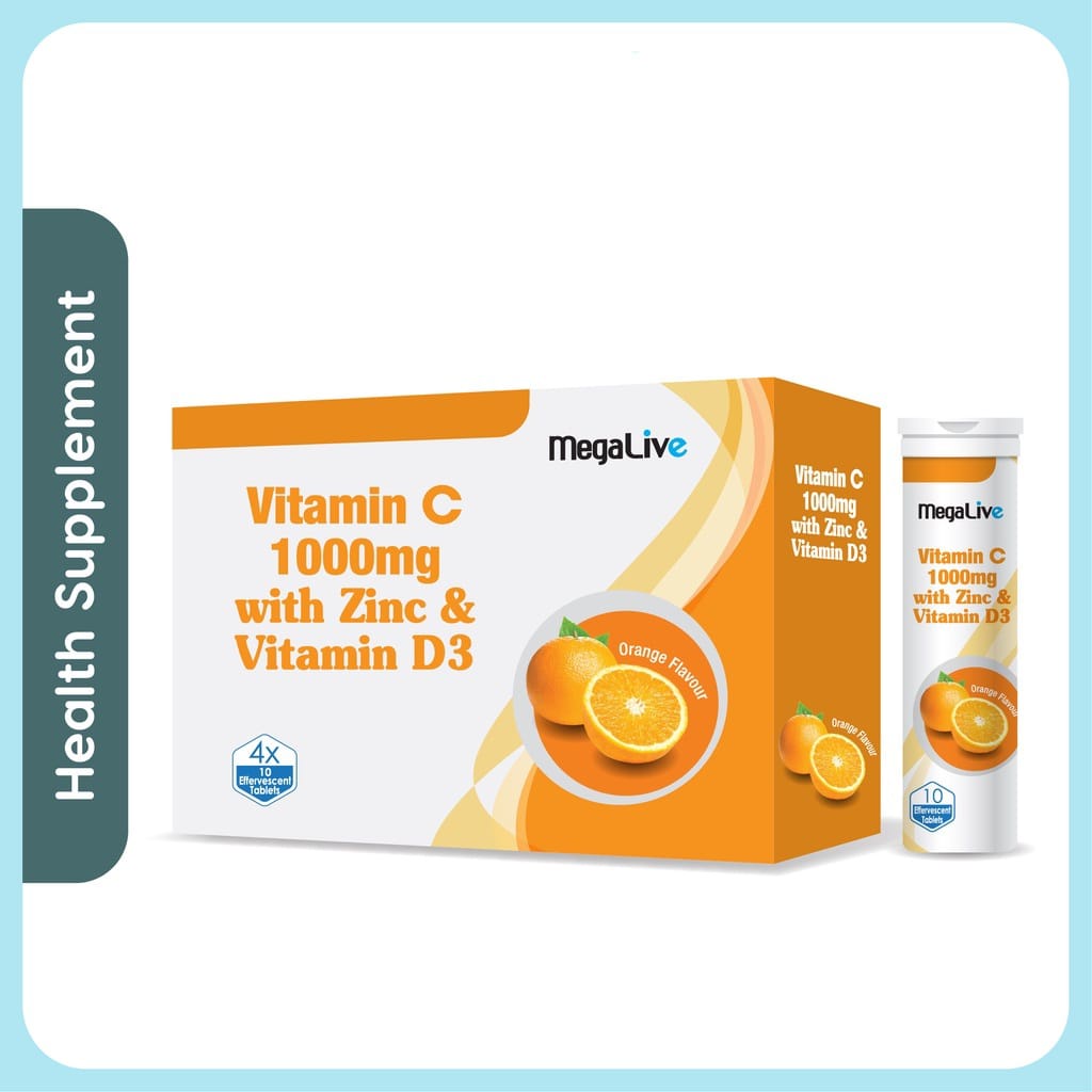 MEGALIVE VITAMIN C 1000MG WITH ZINC & VITAMIN D3 EFFERVESCENT TABLET 10 ...