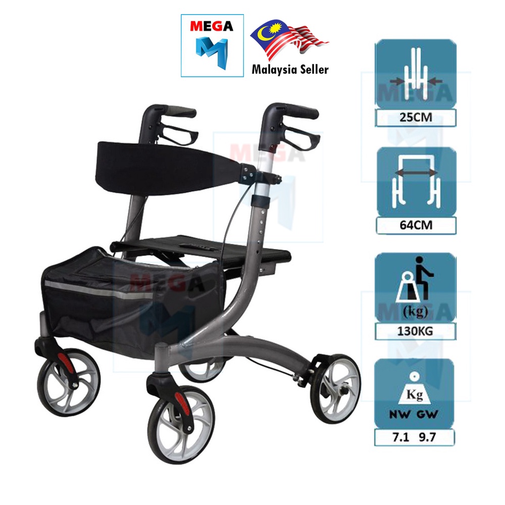 Rollator Walker Adjustable Compact 4Wheel Medical Rolling Mobility Aid