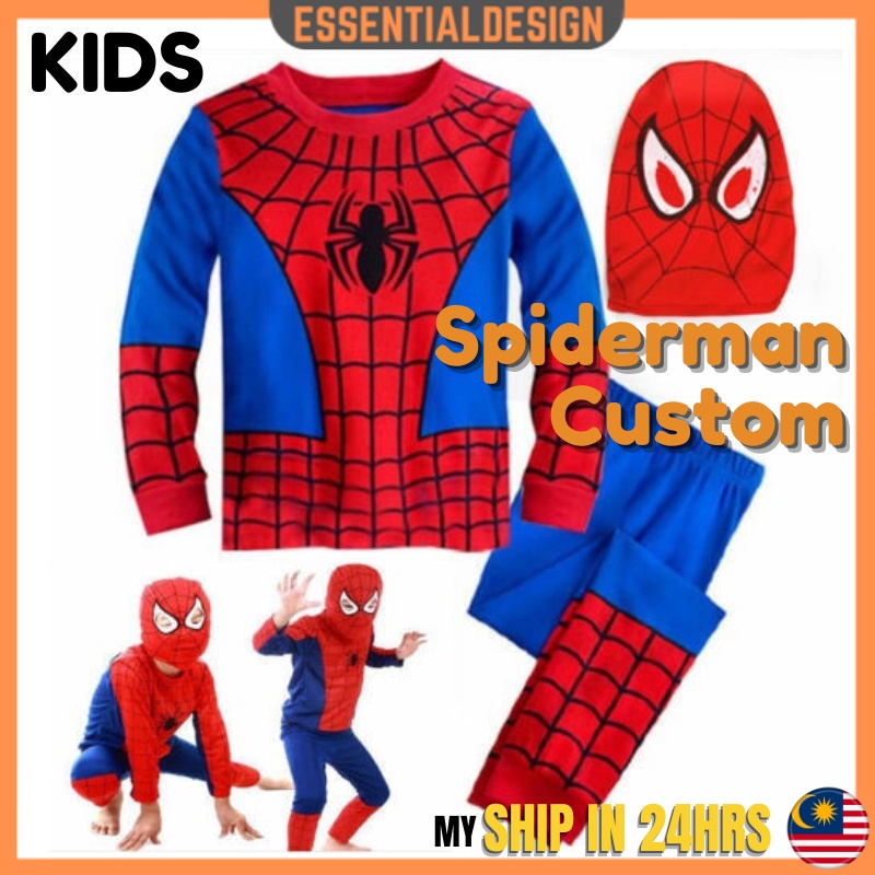 READY! Kids Boy Superhero Spiderman Cosplay Costumes Set Birthday Suit Halloween Mask Superhero Baju Budak Lelaki