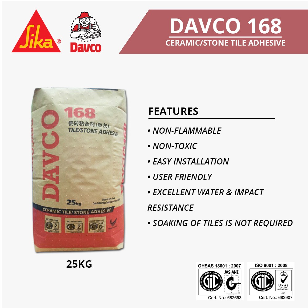 Davco 168 Ceramic Tile/Stone Adhesive 20KG DIY Simen Gam (Grey