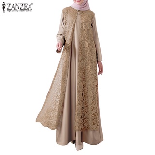 ZANZEA Women Muslim Retro Full Sleeve O-Neck Lace Patchwork Casual Maxi Dress