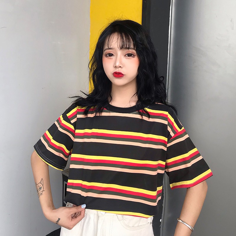 Korean Ulzzang Style Loose Stripe Short Sleeve T Shirts Women Tees