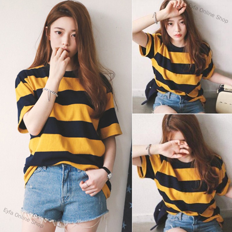 Eyfa Online Shop Women Summer Loose All-match Stripe Short Sleeve Round Neck T-shirt