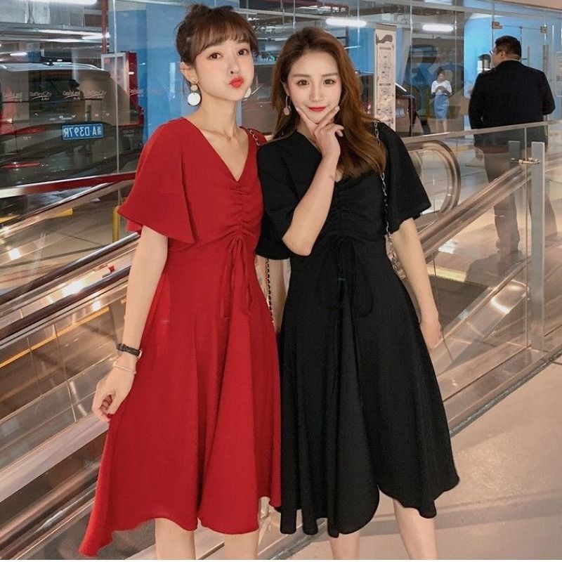 2021【50-100kg】Ready stock ,Plus size New Covering Belly Fashionable Waist Popular Thin Female High waist slim dress， short sleeves red Dress短袖连衣裙